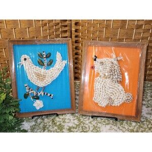 MCM 1960s Framed Dog & Bird Shell Art Set In Original Plastic Handmade